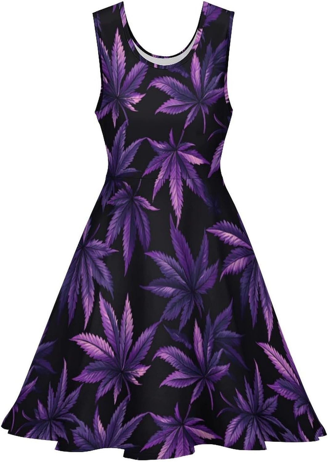 Purple Maple Leaf Weed Women's Dresses Round Neck Dress Sleeveless Tank Dress Ruffle Hem Sundress