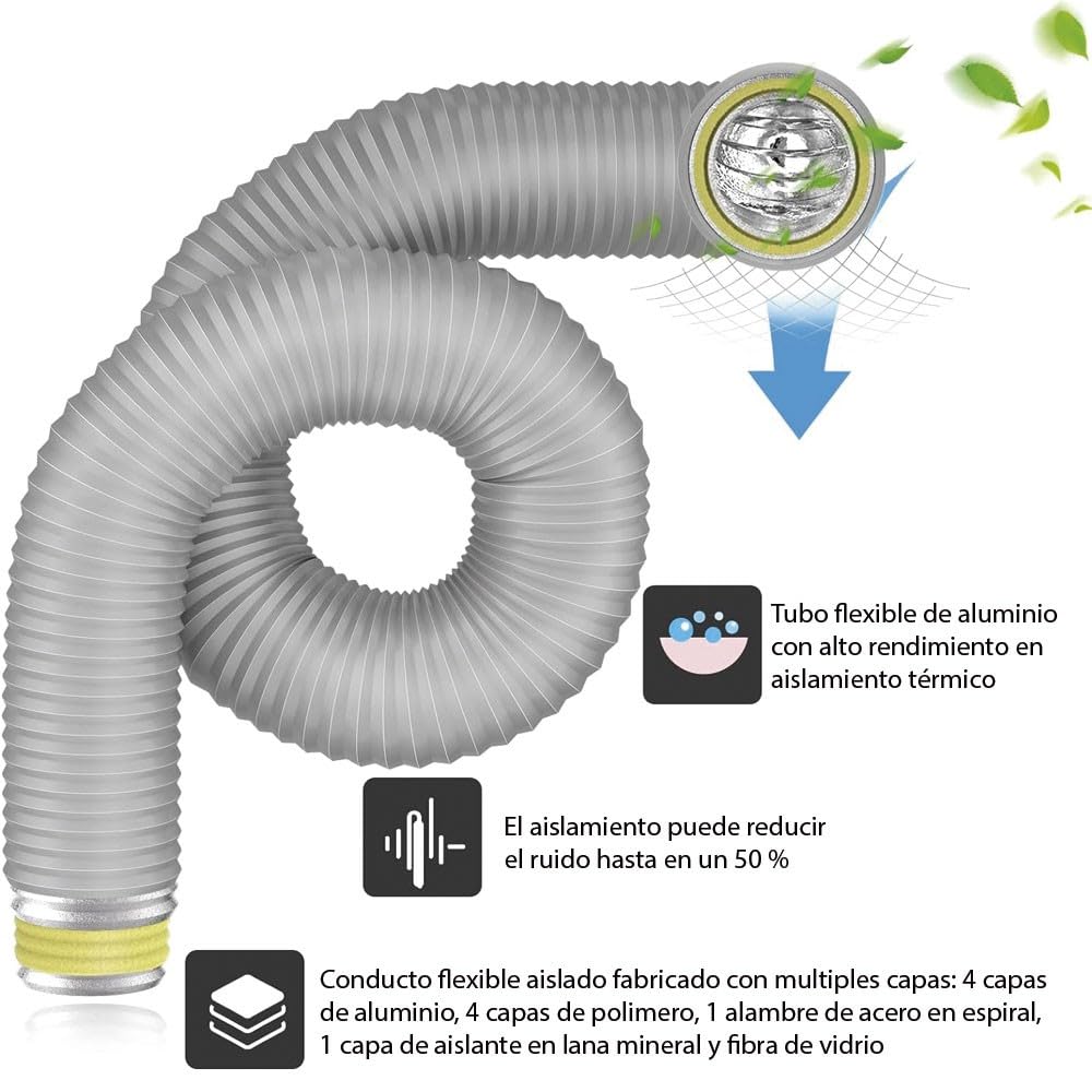 Bilake Tubo Flexible Aislado para Aire Acondicionado y climatización, 10 Metros conducto Aluminio Flexible Aislado calorifugado térmico