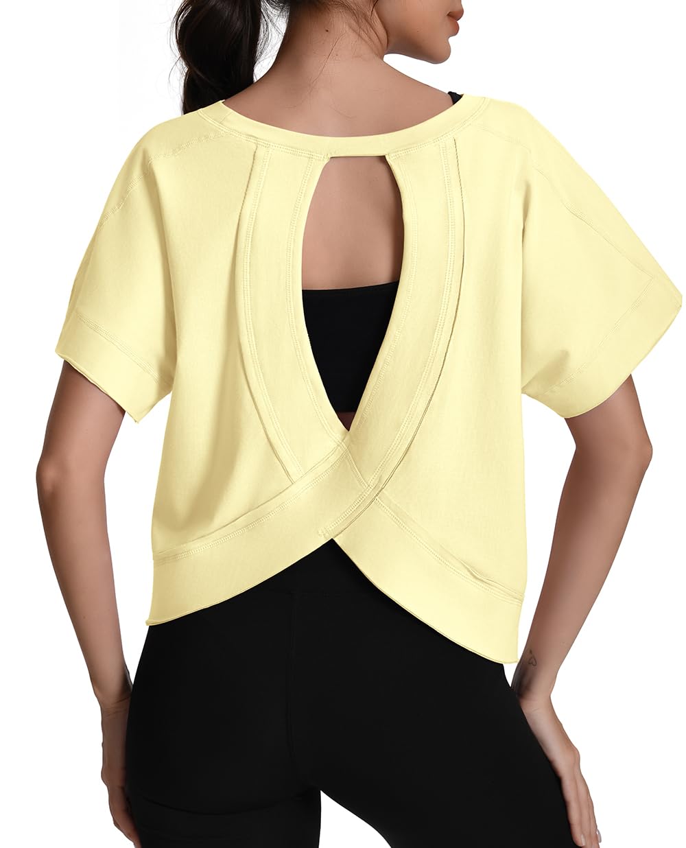 Auriviz Womens Open Back Workout Tops Oversized Cotton Yoga Boxy T Shirts | Drop Shoulder Casual Womens Cotton Tops, Breathable Golf Tees, Boxy Oversized T-shirts, Loose Trendy Cropped Shirts for Women