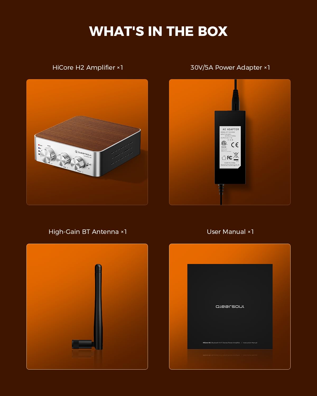 Qlearsoul HiCore H2 Bluetooth 5.4 Hi-Fi wzmacniacz stereo — TI TPA3255 klasa D, 100 W x2 (@ 4Ω) wyjście znamionowe, tryb Anti-Hijack BT, RCA/AUX/BT 3-wejściowy hub do głośników pasywnych, zawiera