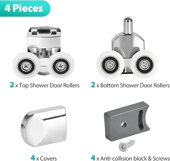4 Pcs 23mm Shower Door Rollers Sliding Glass Shower Door Wheels Replacement Bathroom Door Runners for Curved Shower Enclosures, Fits 4-6mm Glass with Anti-Collision Block(2 Top + 2 Buttom Roller)