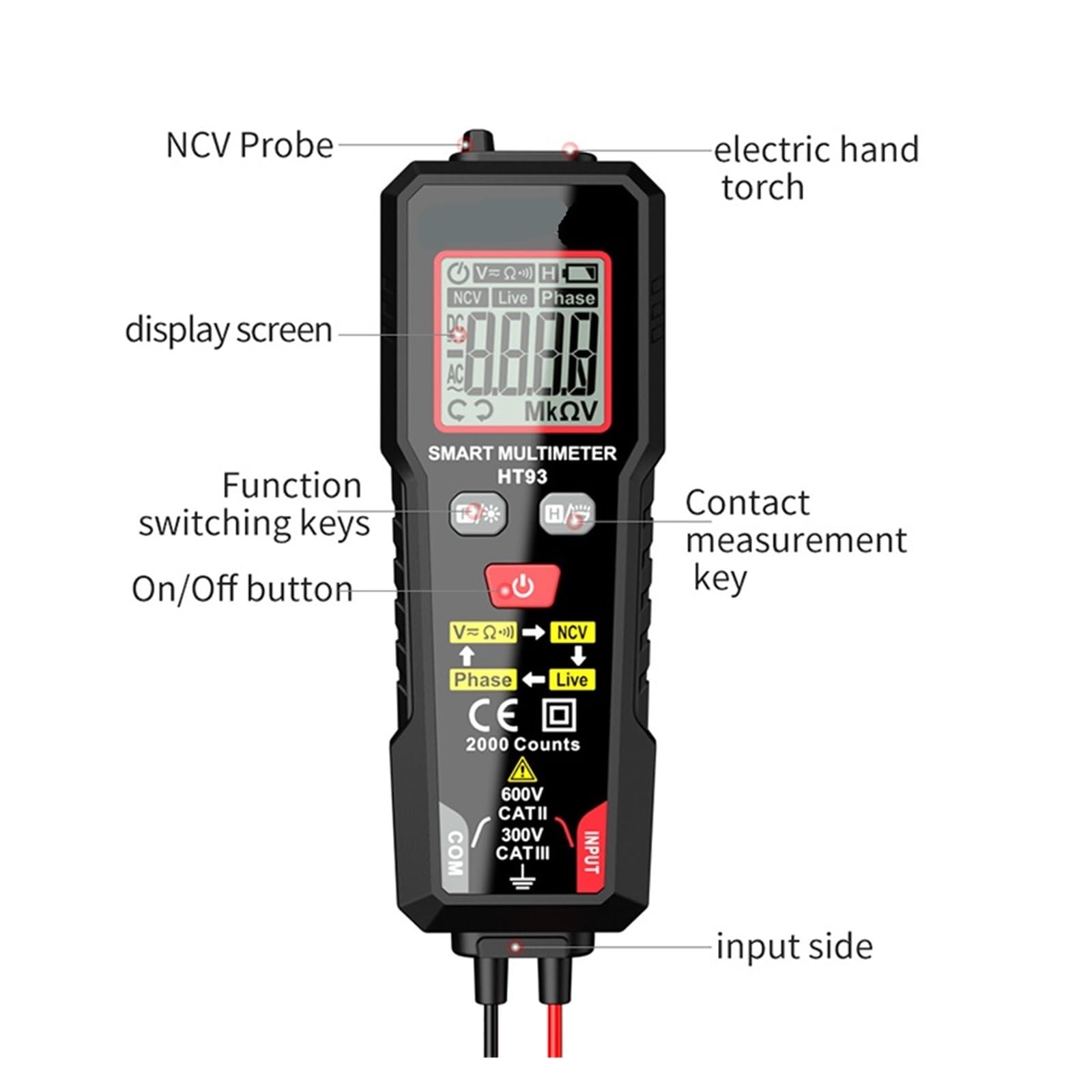 Tester di tensione CC Rilevatore Multimetro 2000 Display Penna elettrica senza contatto Doppia gamma Test filo sotto Ohm Misuratore NCV