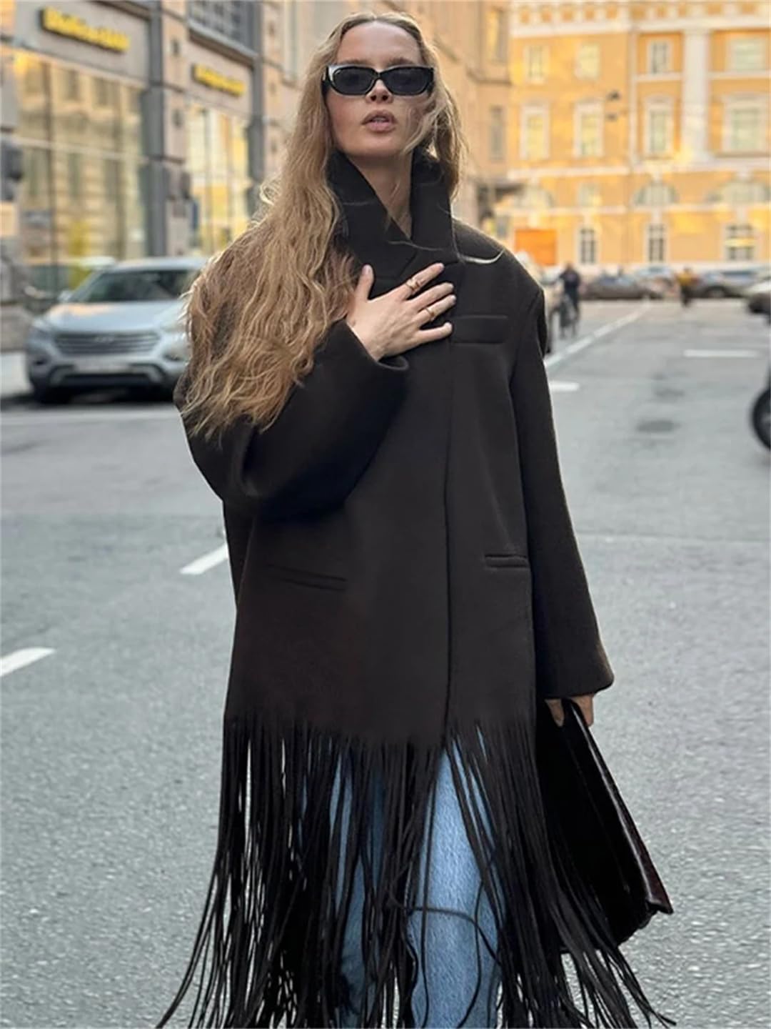 Women Woolen Tassels Long Coats Turn-Down Collar Single Breasted Pockets Jacket Elegant Solid Overcoats