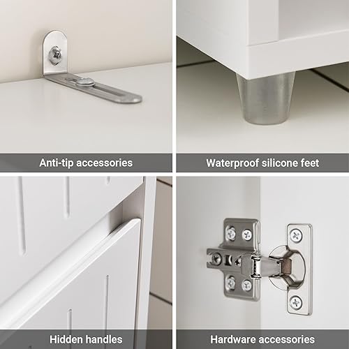 Miniatura 7 de SoBuy Armario de almacenamiento alto y estrecho, gabinete de baño delgado con estantes ajustables delgado, armario de pie antivuelco, blanco a rayas