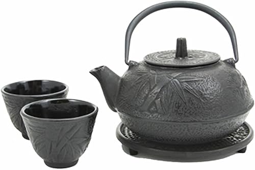 Happy Sales HSCT-BMB03, juego de té de hierro fundido de bambú negro