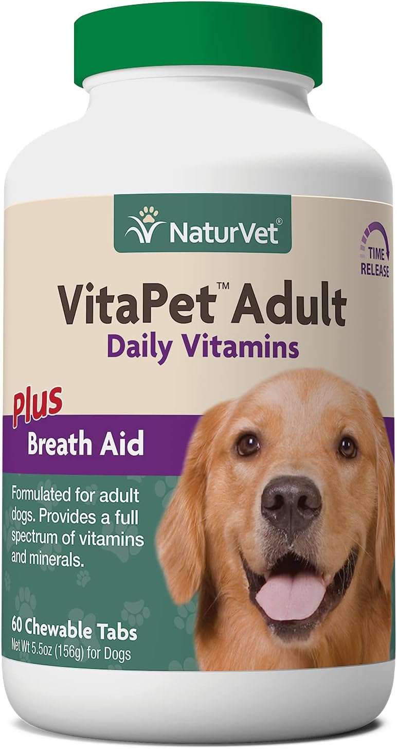 NaturVet VitaPet Adult Daily Vitamins for Dogs With Breath Aid – Includes Full Spectrum of Vitamins, Minerals, Omega-6 Fatty Acids, Parsley – Designed for Dogs Over 1 Year – 60 Ct.