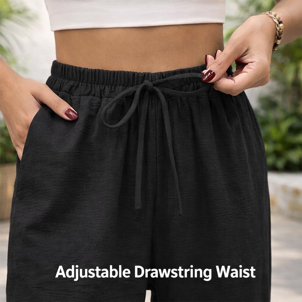 Women Wide Leg Linen Pants with Drawstring Elastic Waist Flowy Palazzo Beach Trousers with Pockets - Image 6