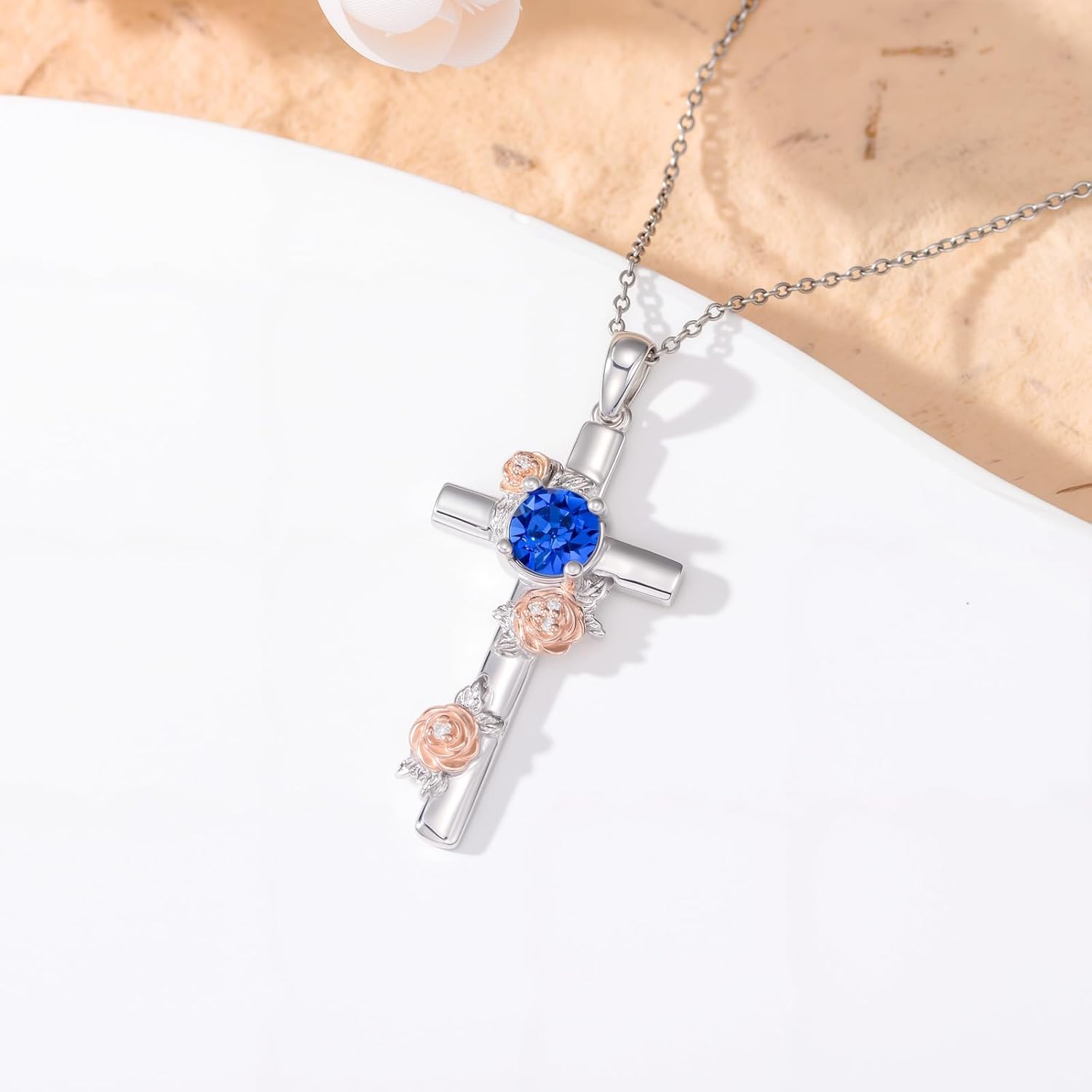 Diamond Cross Necklace with Sapphire 925 Sterling Silver Lab Grown Diamond Flower Cross Pendant Necklaces Christian Jewelry for Women - Image 6