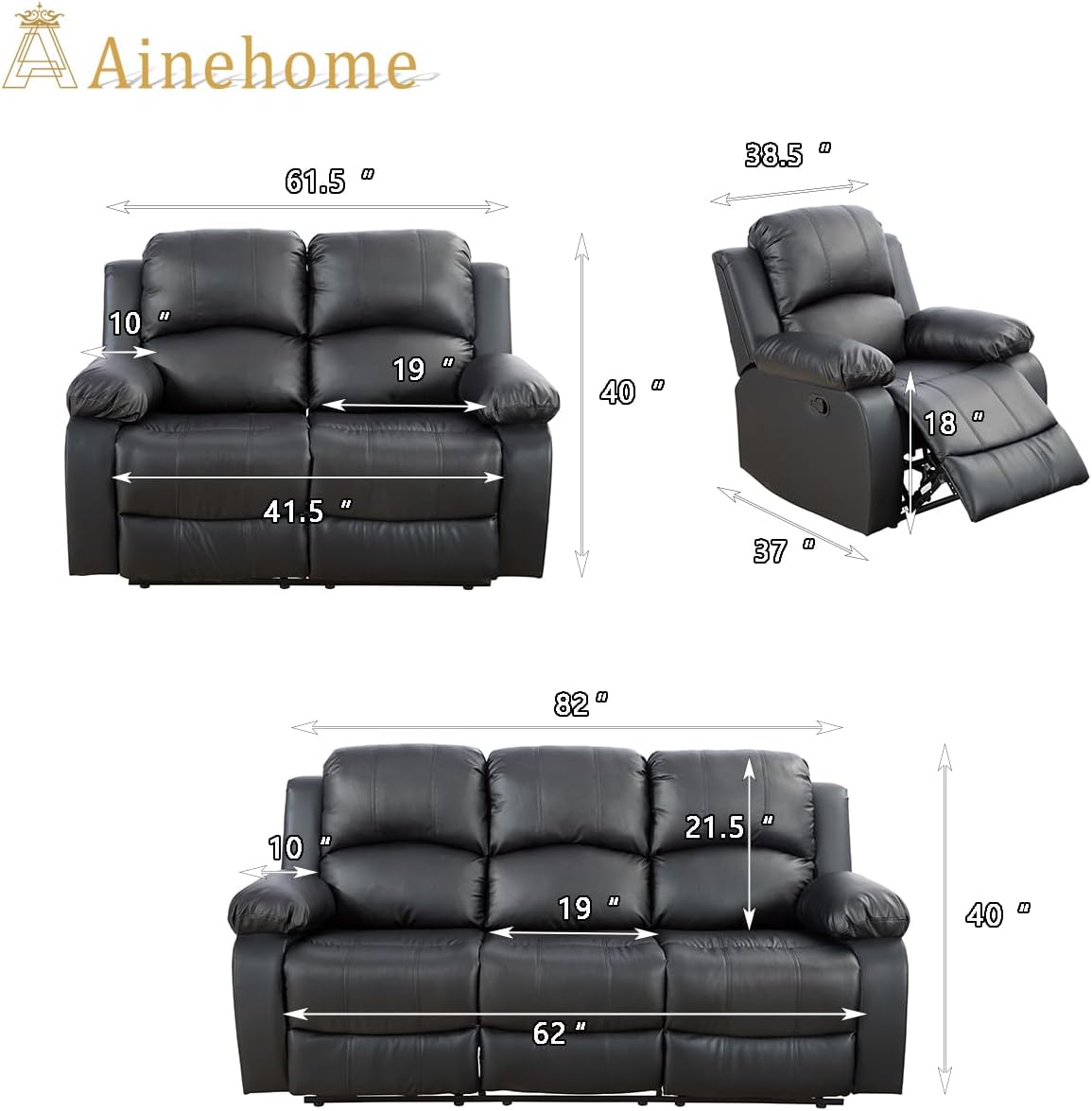 A Ainehome Luxury Recliner Sofa Living Room Set Leather Reclining Sofa and Loveseat Chair Sets Living Room Furniture Sets Recliner Couches for Living Room/Office (A-Black Leather, 3 Piece Set)