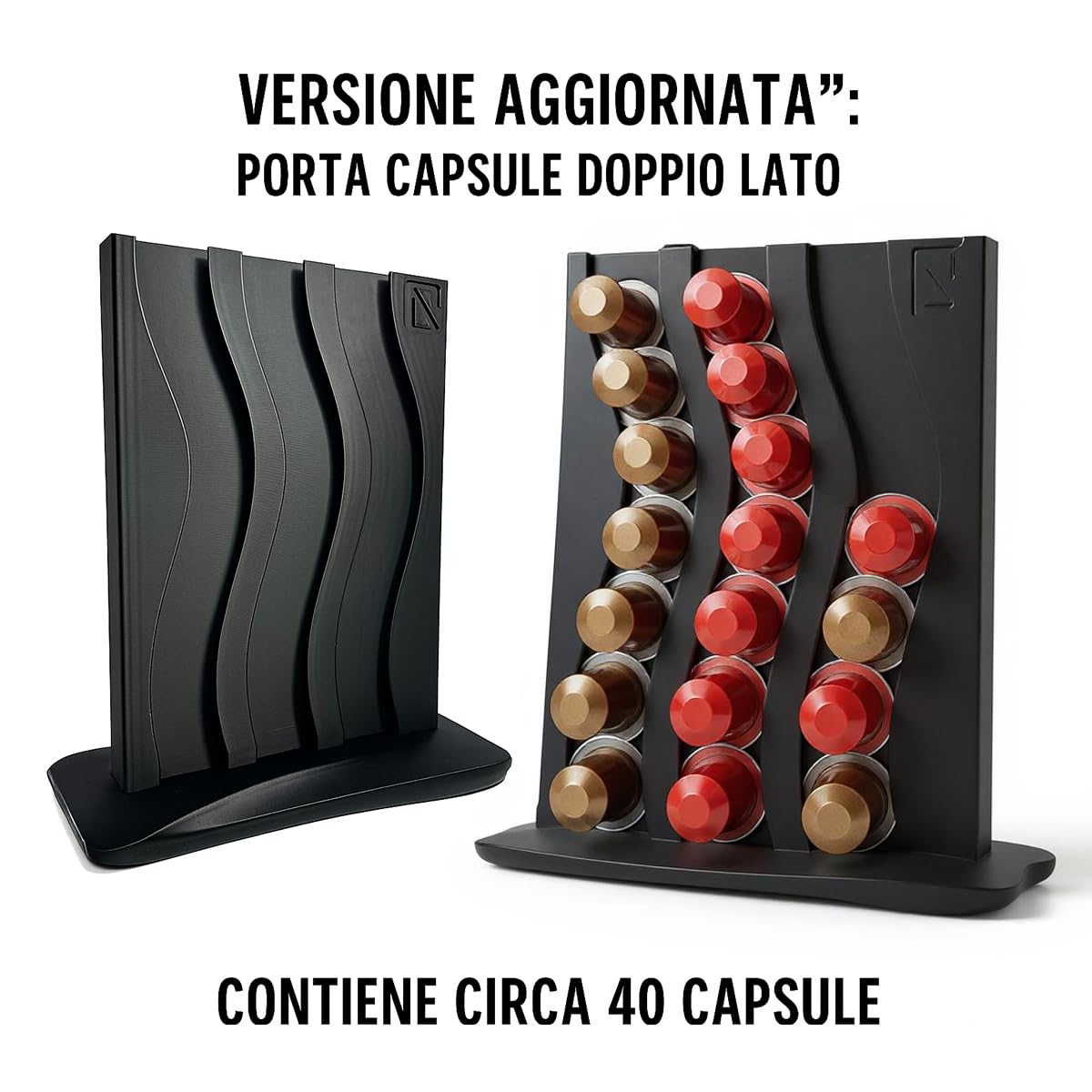 Generico Supporto Verticale Capsule Caffè Doppia Faccia, Dispenser Cialde da Appoggio Salvaspazio, Contenitore per Capsule Compatibile con Nespresso Original – Fino a 40 Capsule, Nero