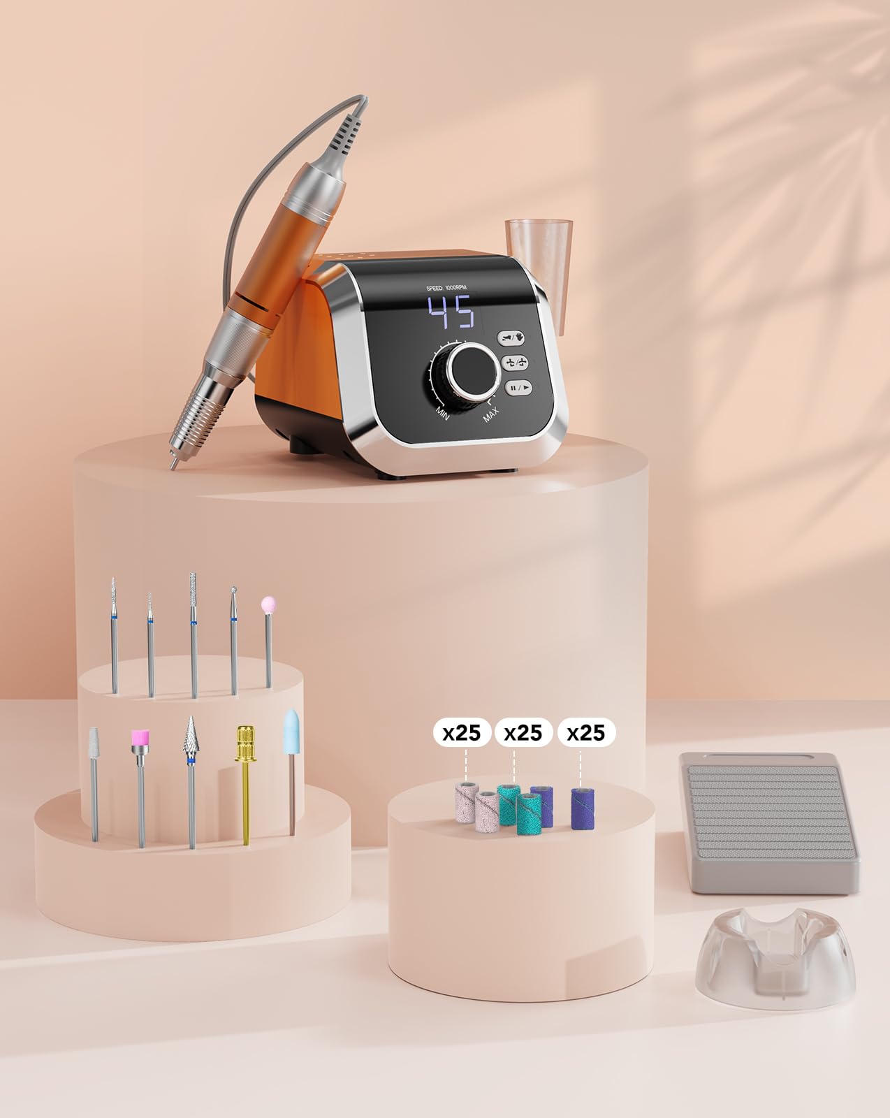 HOMEASY Torno para Uñas Profesional 45000 RPM 45 Velocidades con Pedal - Kit 11 Fresas Torno para Uñas +75 Bandas, <40dB Silencioso para Casa y Salón