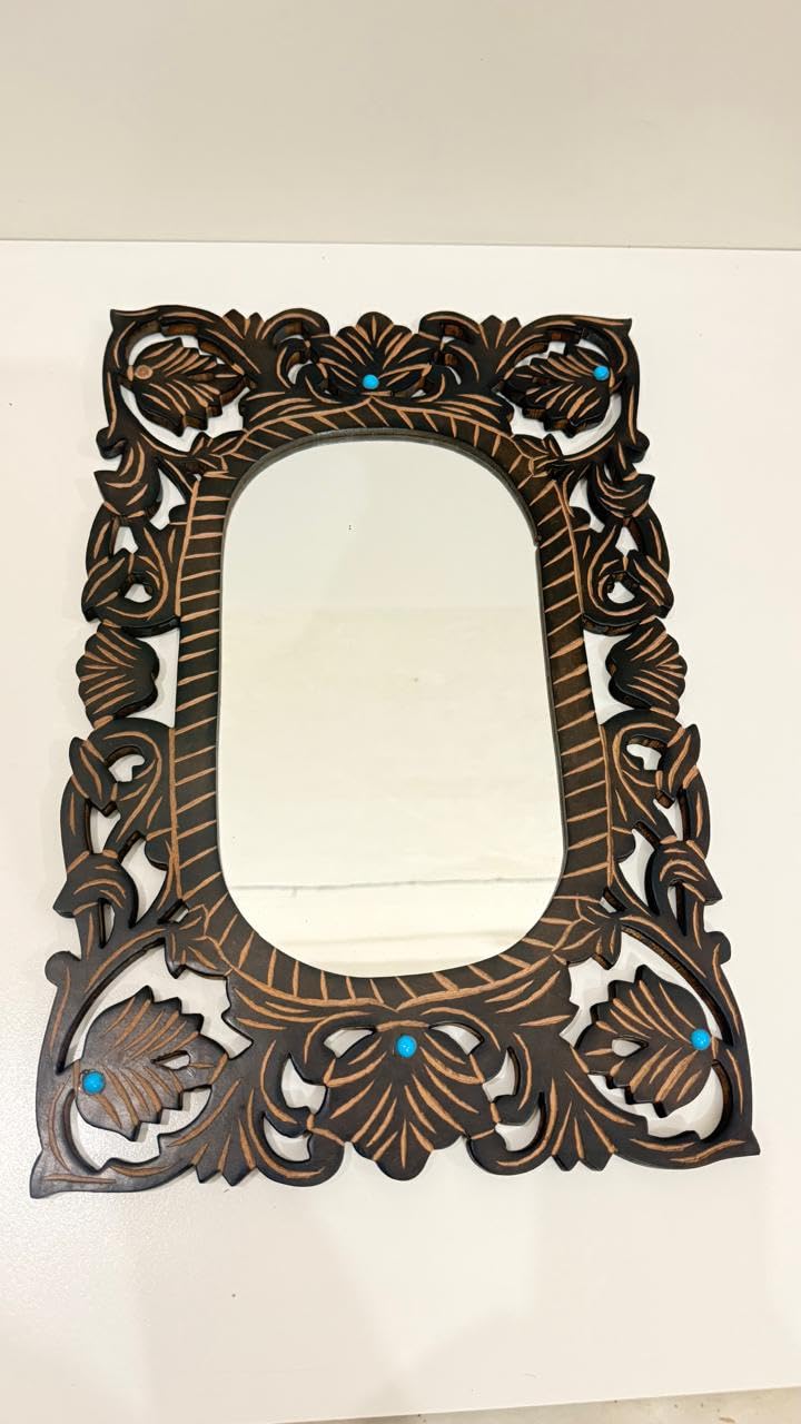 Miroir bois sculpté vintage artisanal turquoise et marron