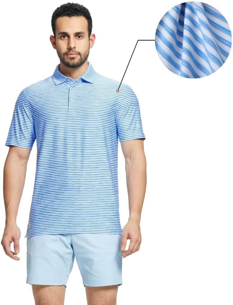 M MAELREG Golf Polo Shirts for Men Short Sleeve Dry Fit Striped Performance Moisture Wicking Collared Casual Mens Golf Shirt