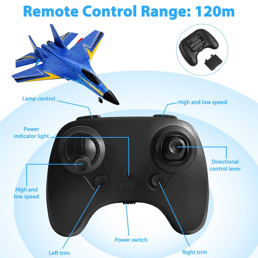 RC Flugzeug, 2.4Ghz Flugzeug Ferngesteuert, Ferngesteuertes Flugzeuge, LED Beleuchtung, 2 Startmodi & USB-Aufladung, für Erwachsene (Himmelblau)
