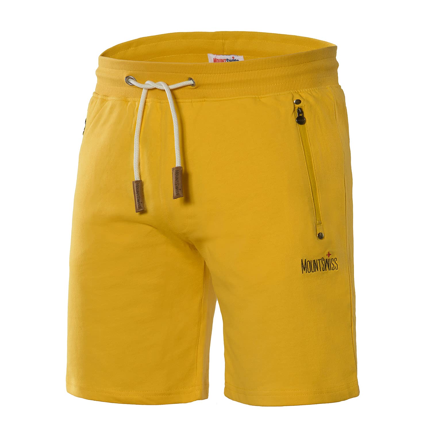 Mount Swiss Liam Korte vrijetijdsbroek voor heren, korte sweatpants met zakken, 2 zij- en 1 achterzak, elk met ritssluiting, sportshorts voor heren in klassieke kleuren, geel, XXL