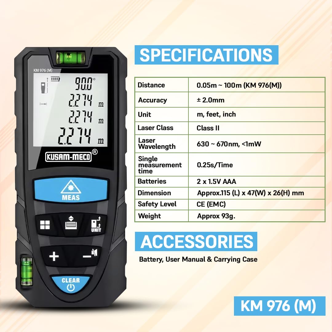 KUSAM-MECO 976 (M) Laser Distance Meter 0.05 to 100 Meters, Lightweight Design, Angle Measurement |Auto Power Off |Easy to Operate| 1 Year Warranty 2