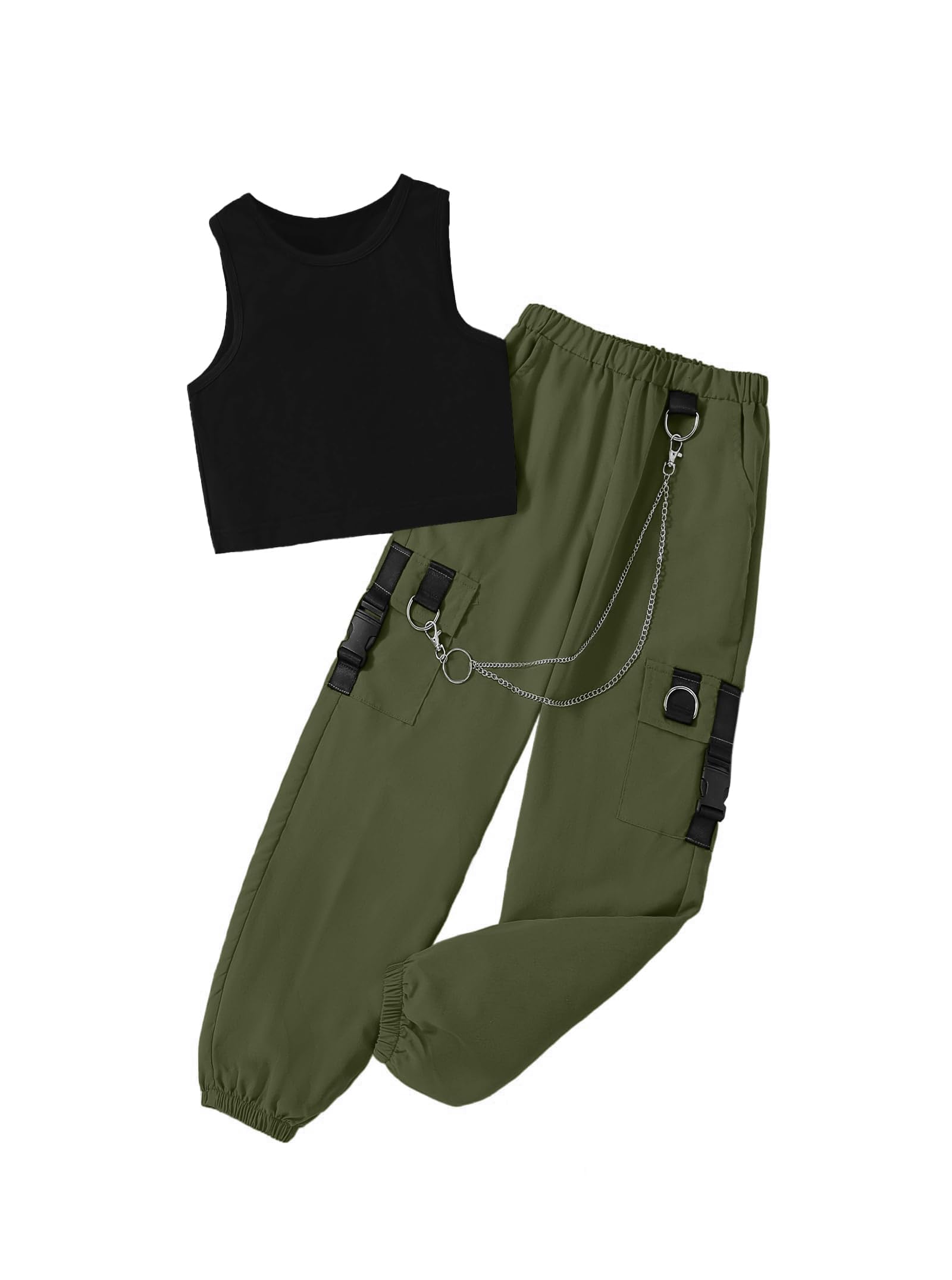Girls 2 Piece Outfit Set for Tween Girls, Sleeveless Crop Tank Top &amp; Cargo Pants Jogger Set