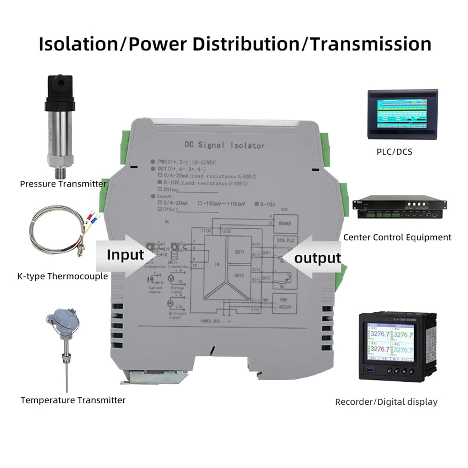 Din Rail Thermocouple Temperature Signal Isolation RTD Converter Transmitter,1In1Out Power Supply DC24V B/E/J/K/N/R/S/T Type Input 4-20mA/0-20mA/0-5V/0-10V Output(B 400-1820C,0-5V)