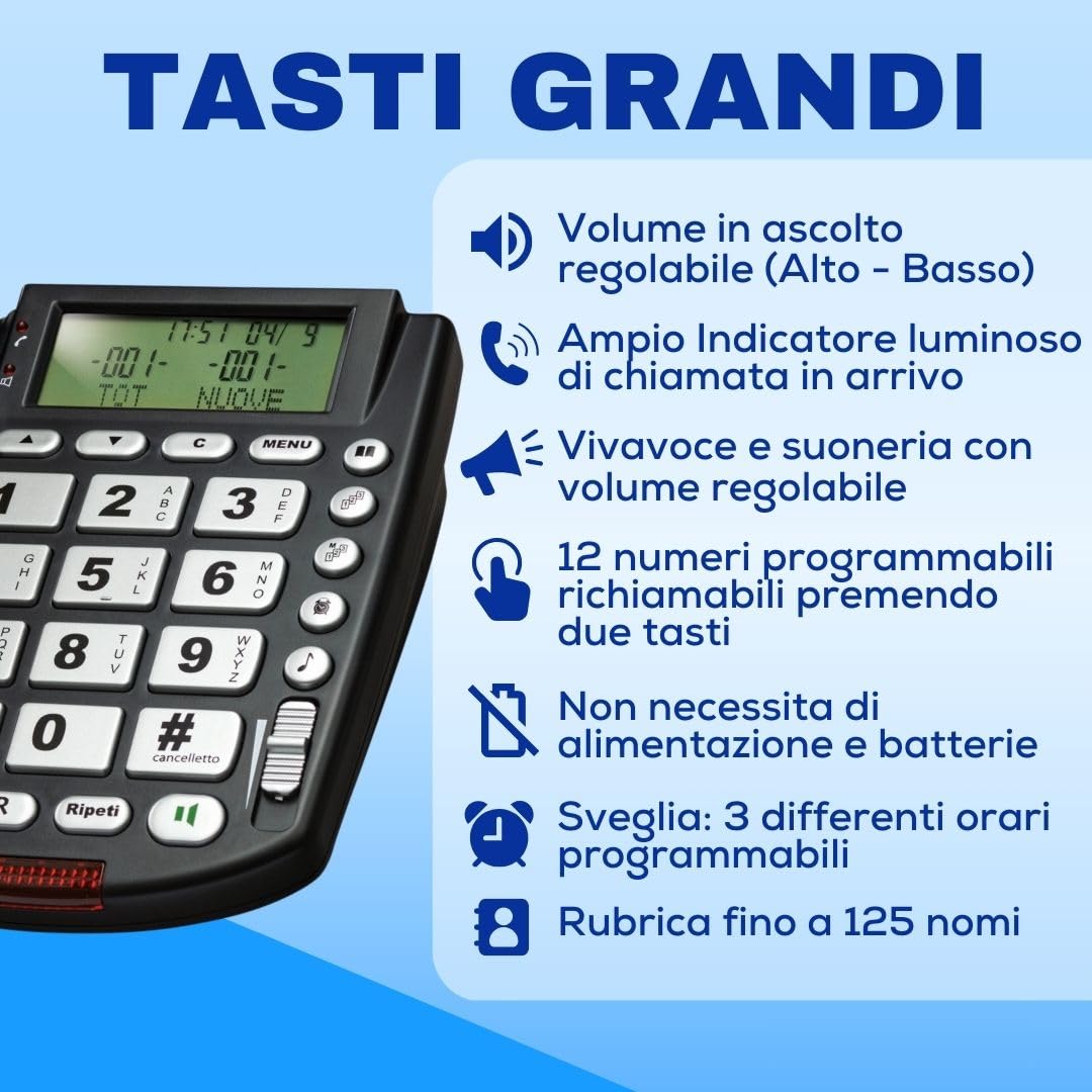 Telefono Fisso Casa e Ufficio con Vivavoce, Ampio Display LCD Multifunzione e Tasti Grandi, Facile da Usare – Rubrica fino a 125 Contatti, Chiamata Diretta, Sveglia e Volume Regolabile – SAIET MAXI