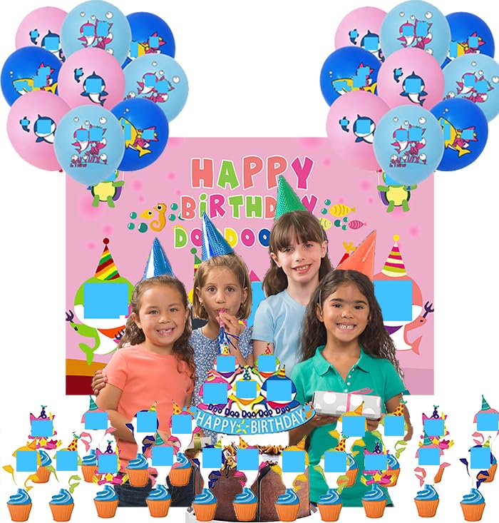 Decoração de aniversário Baby Shark balões festas de aniversário Baby Shark pano de fundo fotografia aniversário Baby Shark fundo fotográfico aniversário tubarão bebé aniversário decoração bolo Baby