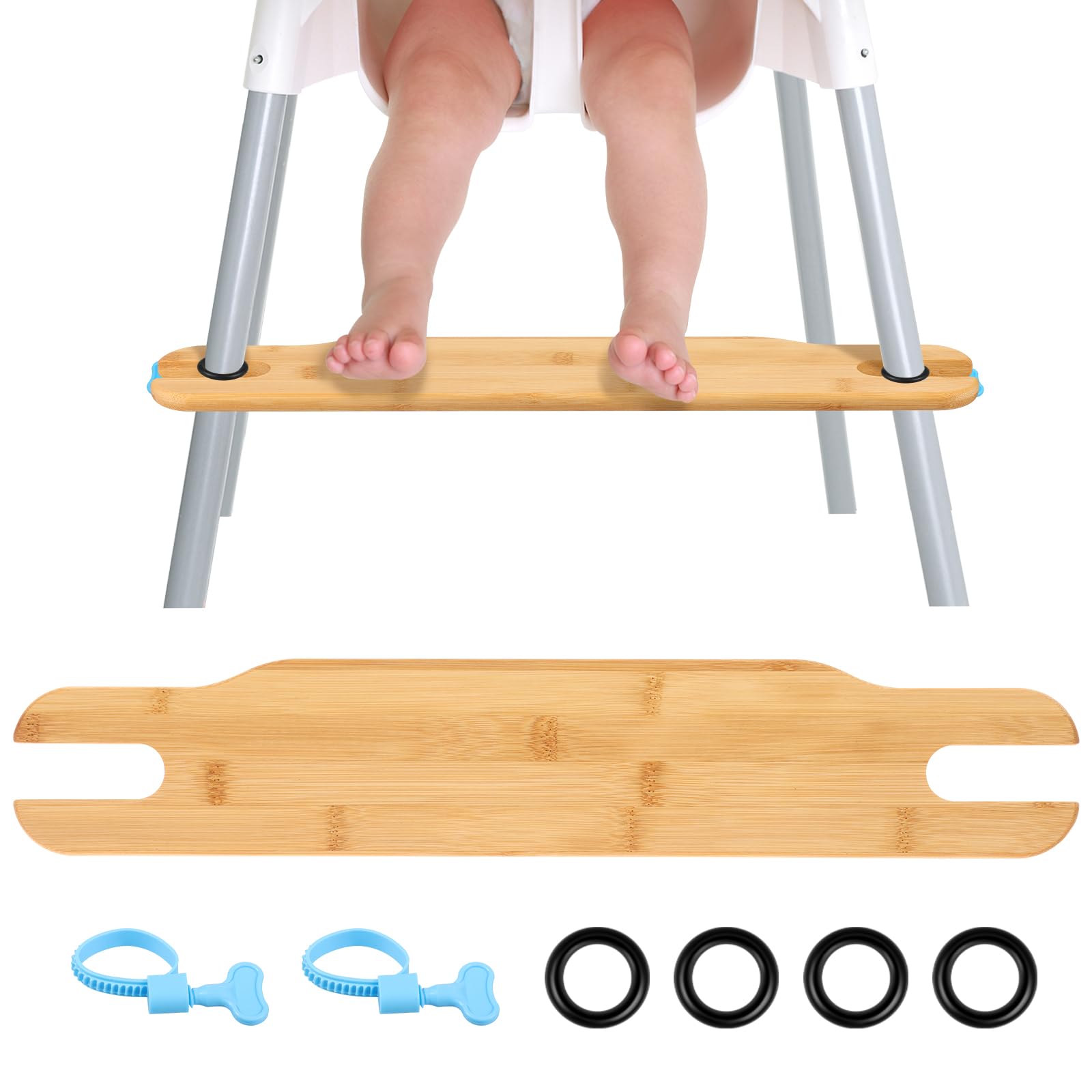 Bamboo High Chair Footrest Adjustable Height Baby Foot Rest for Highchairs, 19.69" Foot Pedal with Anti-Slip Rubber Rings, Tool-Free Assembly, Highchair Footstool for Improved Sitting Posture