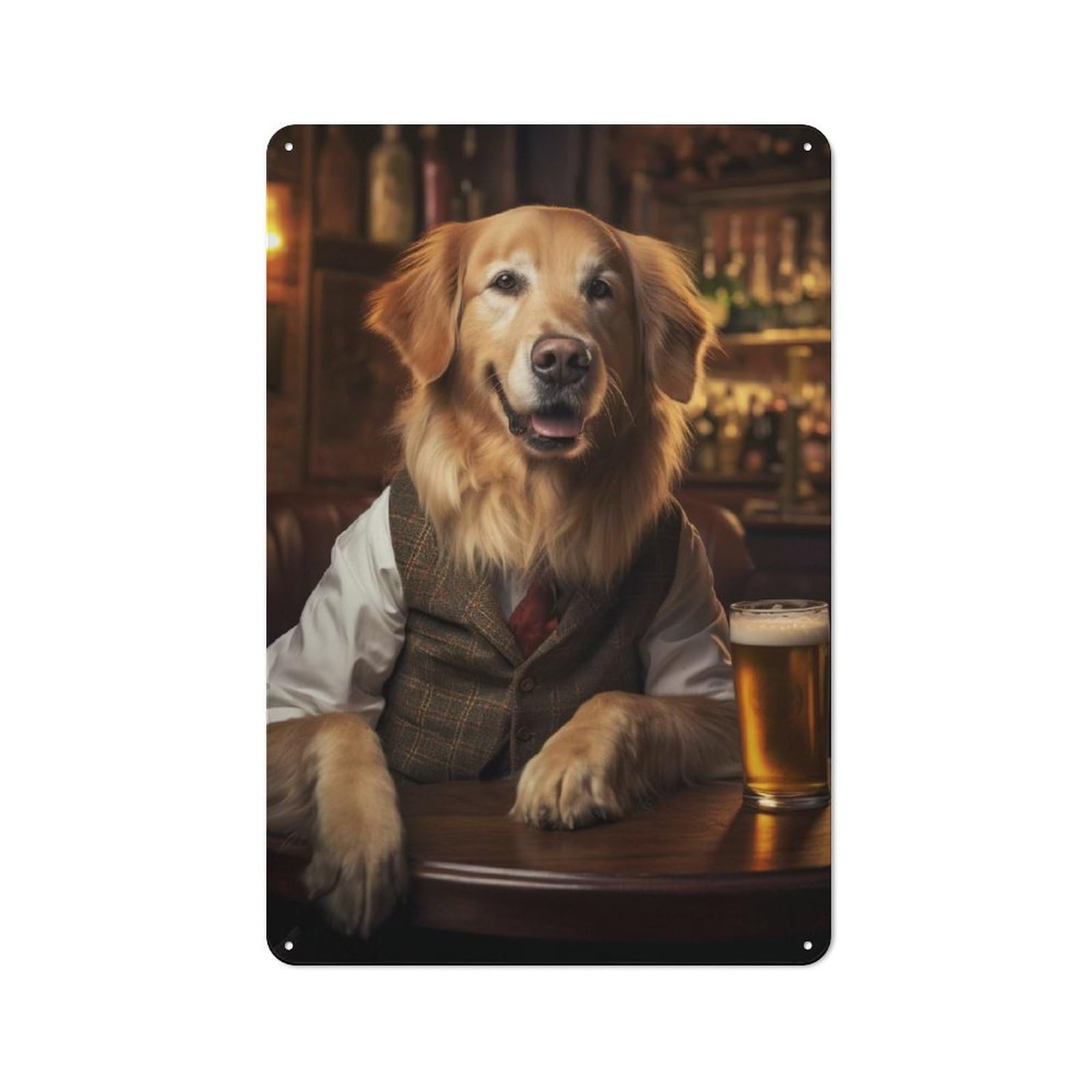 Junmoney Golden Retriever At Bar Metal Wall Sign 30X20cm Featuring For Home Bar Wall, For Themed Interiors In Home Bars And Entertaining Spaces