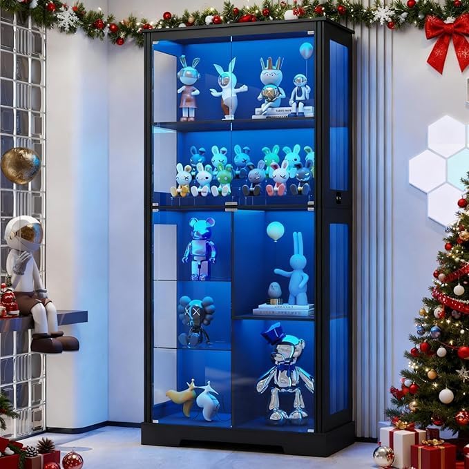 OUTDOOR DOIT 71″ Glass Display Cabinets with Human Sensor 3 Color Lights,Floor Display Case with Adjustable Glass Shelves,7 Tier Curio & Bar Storage Cabinet for Living Room,Trophies,Collectibles，Black