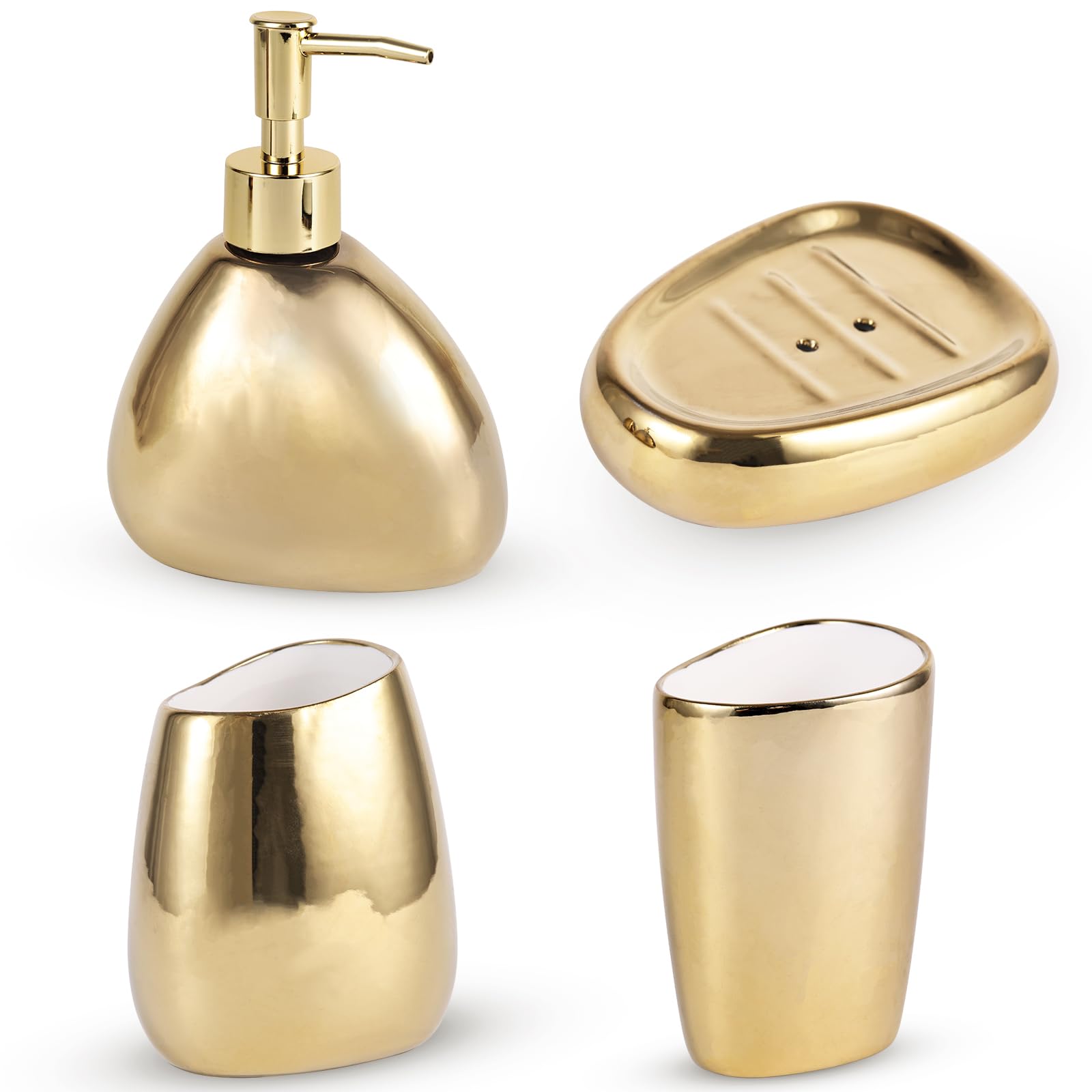 Elegante set da bagno in ceramica elettrolitica da 4 pezzi, dotato di dispenser per lozioni, tazza per collutorio, portasapone, portaspazzolino, set decorativo moderno per il bagno (oro)