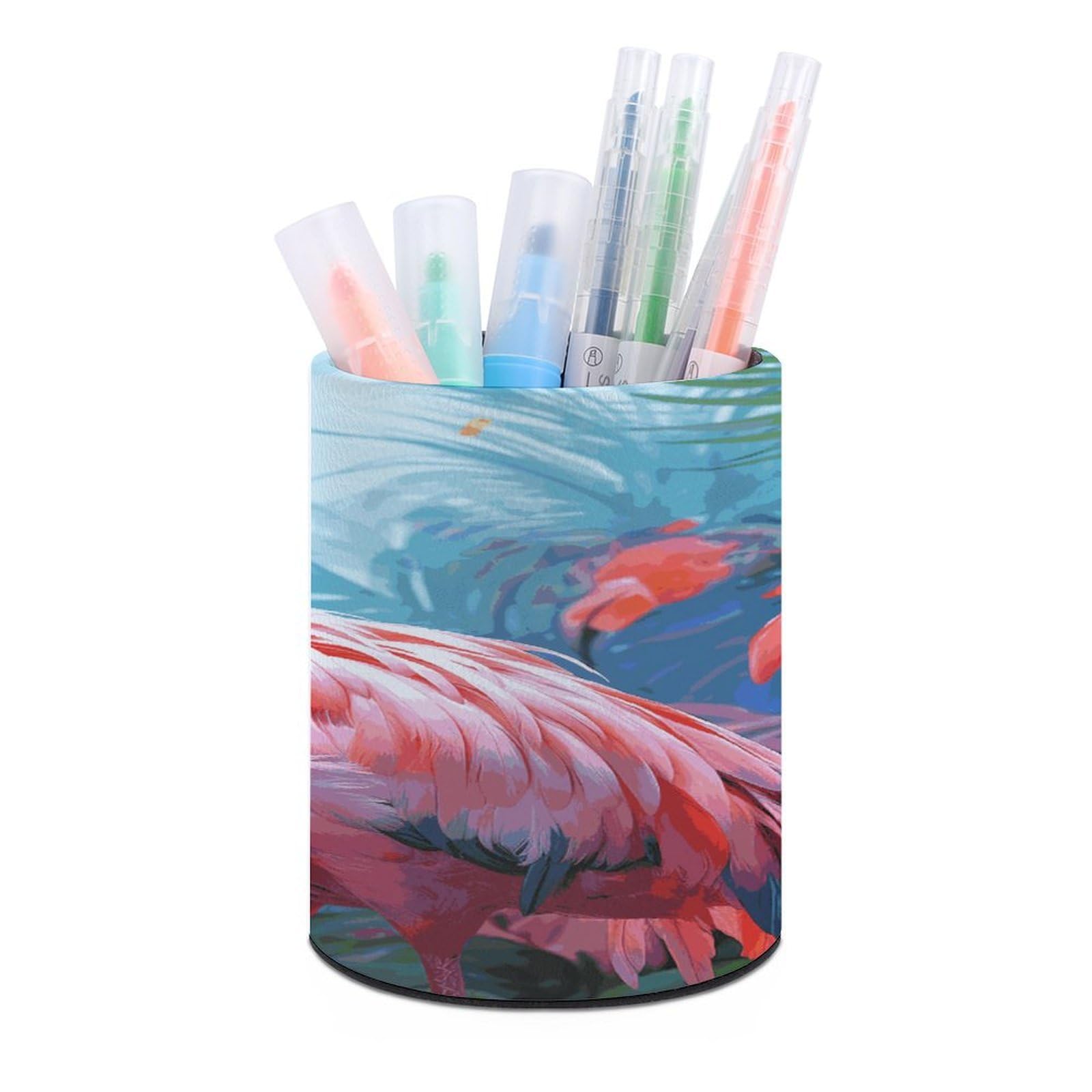 LDGSUPH Painted Flamingo Round Pen Holder Leather Pen Cup Pencil Cup Pen Organizer Pencil Holder for Desk Organizer Pencil Organizers Makeup Brush Holders for Home Office Gift