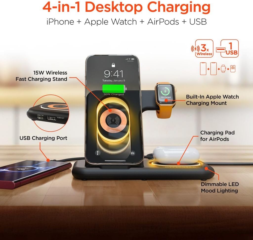 HyperGear 4-in-1 Foldable Wireless Charger showing all four charging areas: 15W wireless stand, Apple Watch mount, AirPods pad, and USB charging port.
