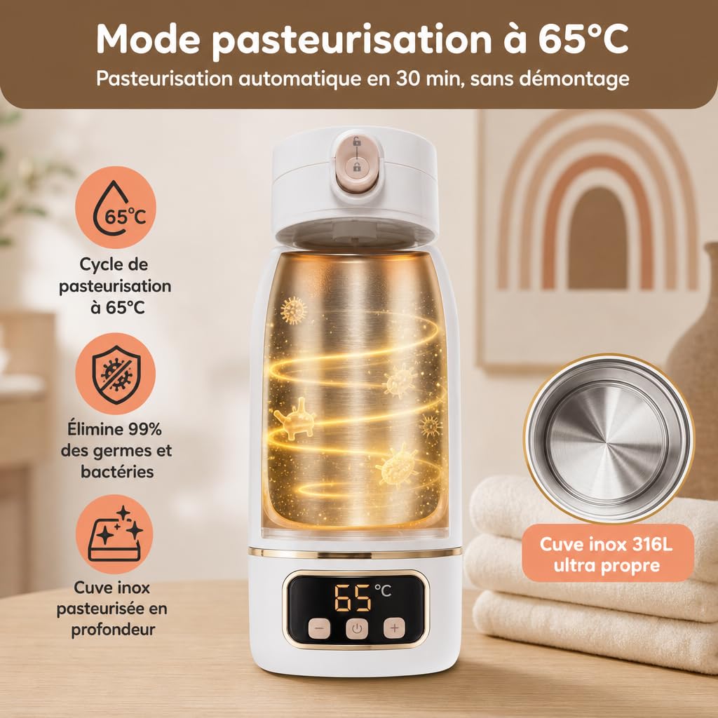 Chauffe biberon Nomade Portable Sans Fil 500 ml, Inox, Chauffe Lait Maternel & Eau, Auto-Pasteurisation, Voyage Voiture Nuit, Brosse Silicone Incluse