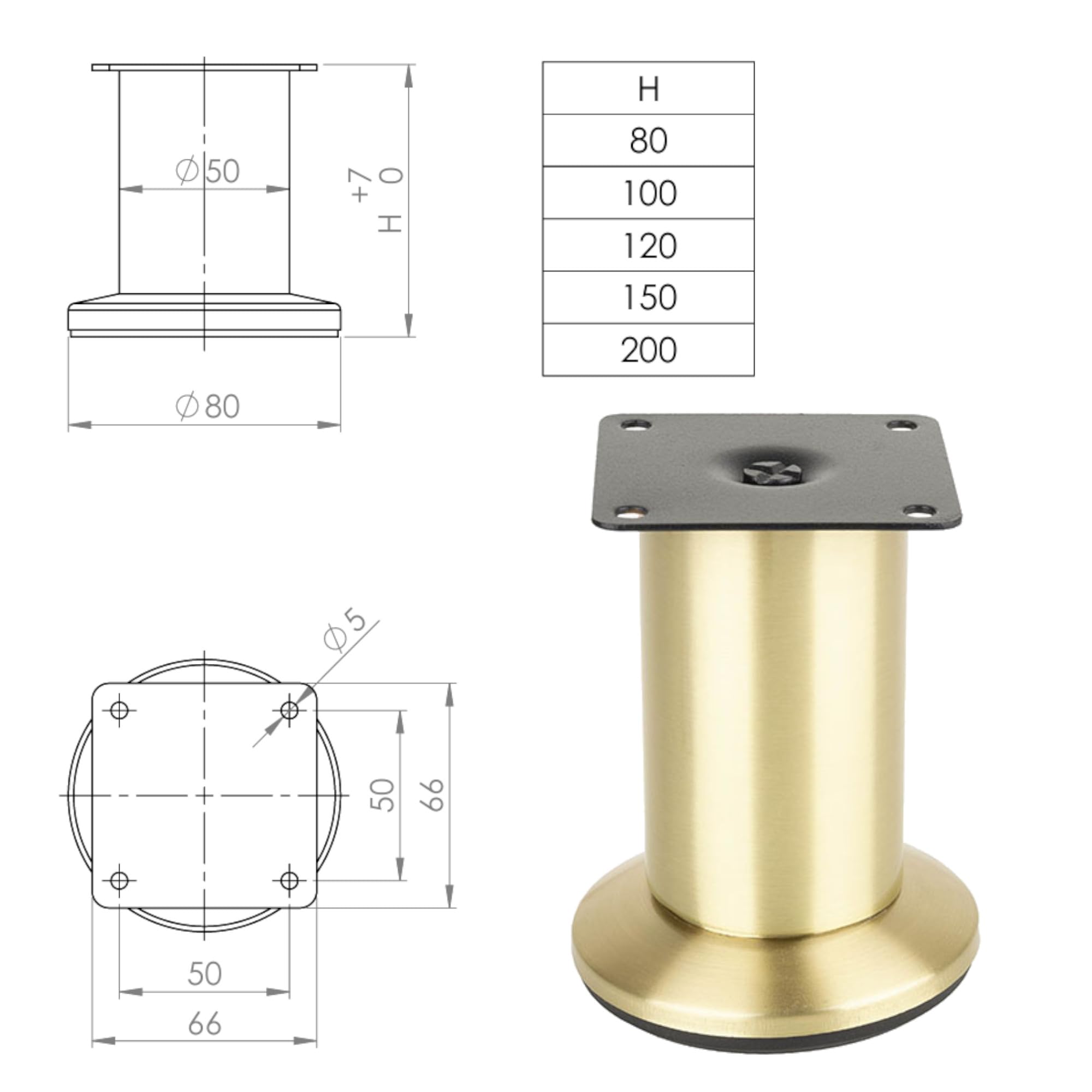 cyclingcolors 4X Patas Pies para Muebles Ø50 mm Altura 200 mm Metal Regulables 7 mm Soporte Universal sofá Armario Cocina baño Oro Cepillado