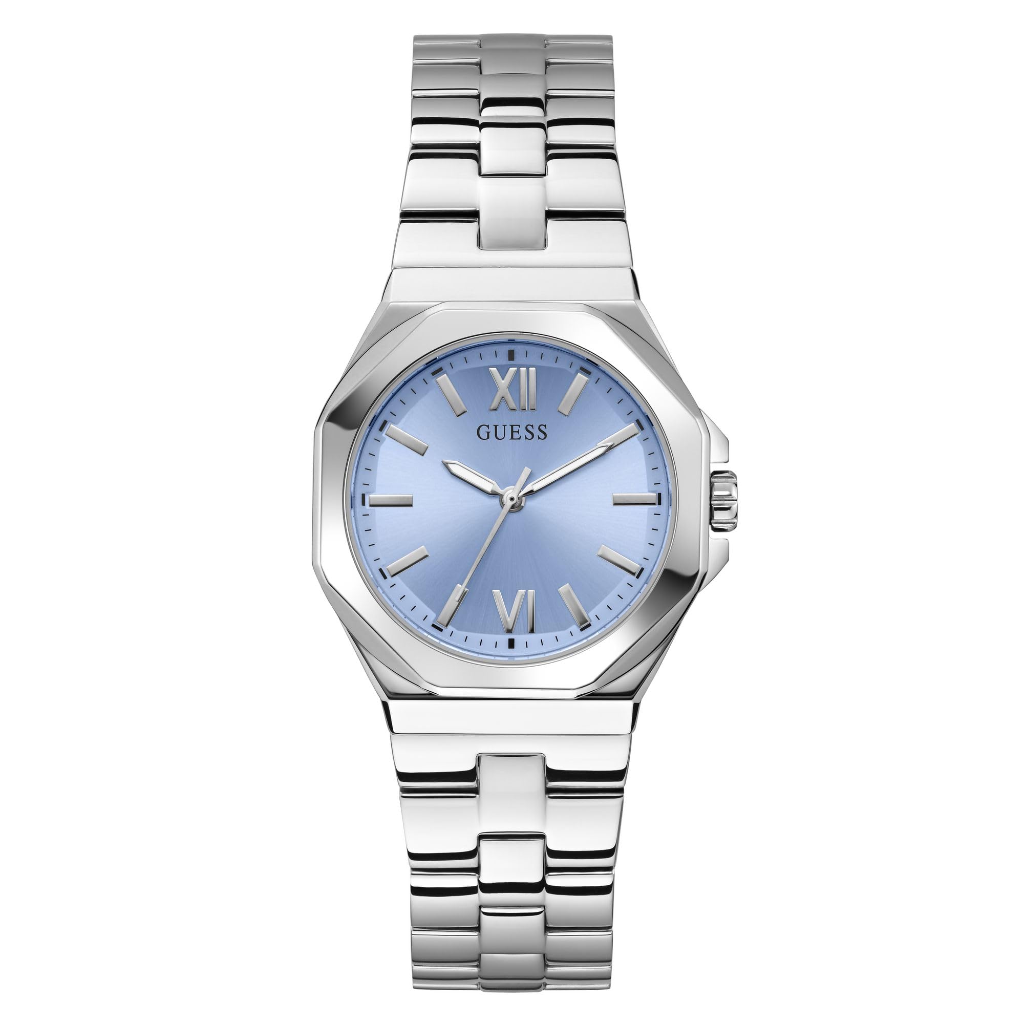 GUESS Damski zegarek na rękę Empress, srebrna bransoletka ze stali nierdzewnej, szkło mineralne, niebieska tarcza, 5 bar, średnica koperty: 34 mm, GW0873L1