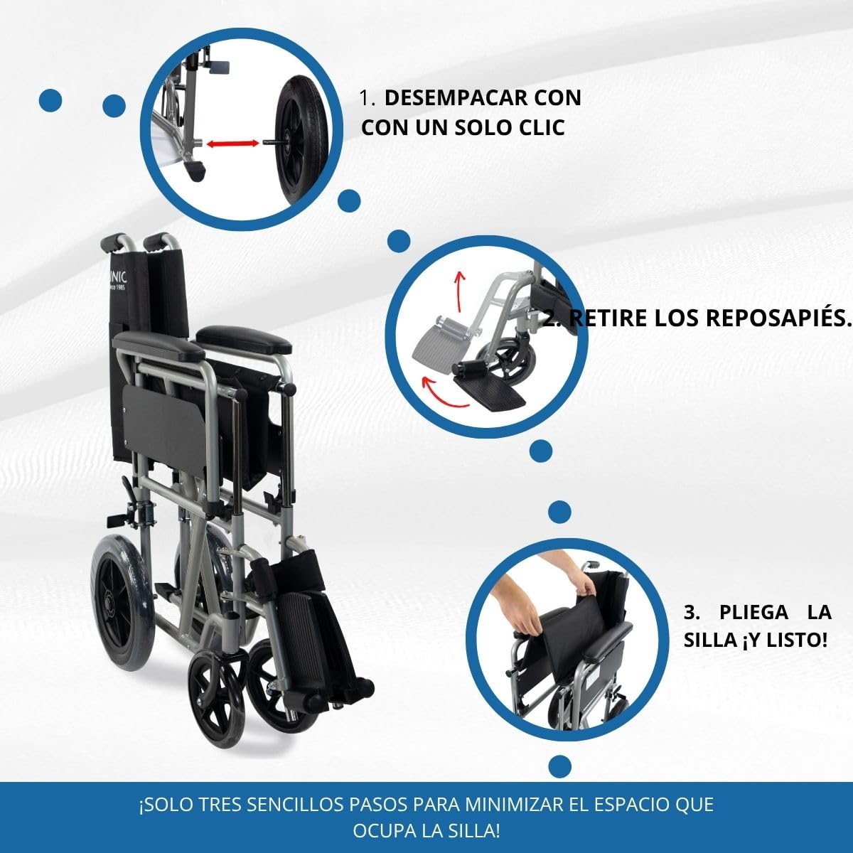 Mobiclinic, Silla de ruedas plegable, Marsella, Extracción rápida pulsando un botón, Asiento 46 cm, Reposapiés y reposabrazos abatibles, Palanca freno, Resistente, Plata