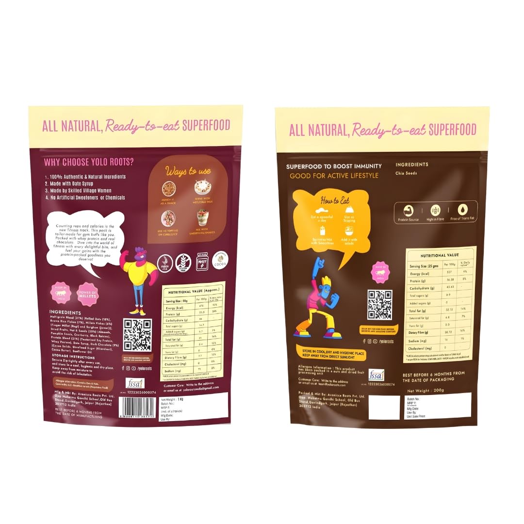 Yolo Roots Raw Chia Seeds 200g + Whey Dark Chocolate Muesli 400g Combo | 17% Whey Protein | No Added Sugar | High-Protein Breakfast & Superfood Seeds Pack of 2 1