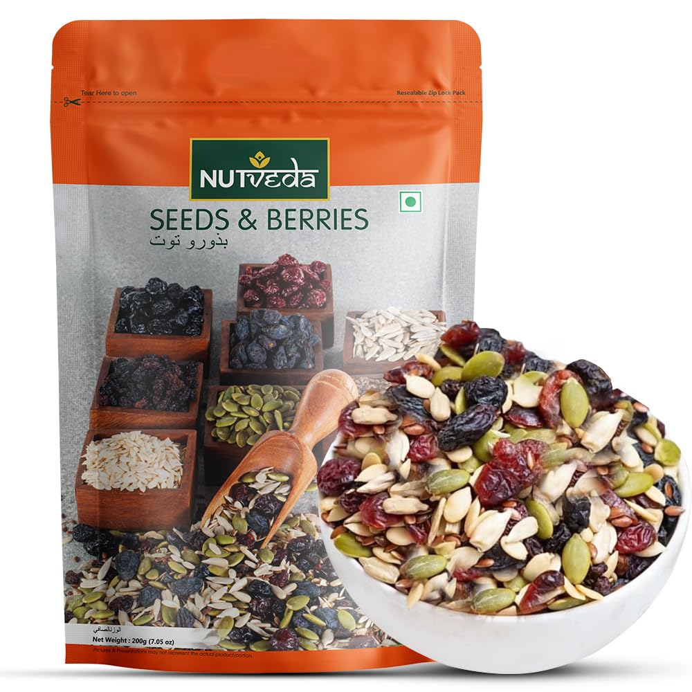 NUTVEDA Seeds & Berries 200g - Cranberries | Sunflower Seeds | Flaxseeds | Black Raisins | Muskmelon Seeds | Blueberries | Black Currants | Pumpkin Seeds (B09NW16G23) Amazon Price History, Amazon Price Tracker