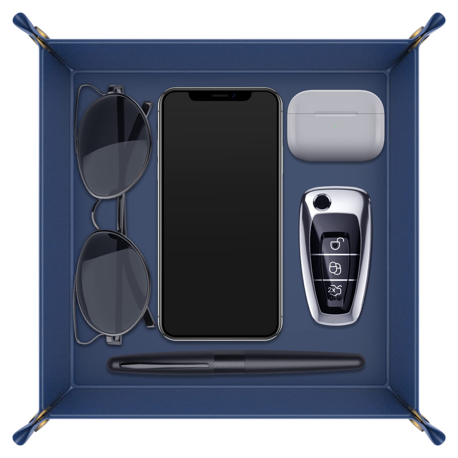 JIUKEMAO Valet Tray Decorative Desktop Storage Organizer Catchall Tray,Nightstand or Dresser Organizer for Remote, Controller,Keys, Phone, Wallet, Coin, Jewelry, Premium PU Leather , Dark Blue