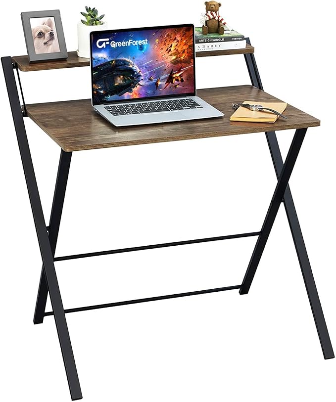 GreenForest Folding Computer Desk No Assembly Required 2 Tier Computer