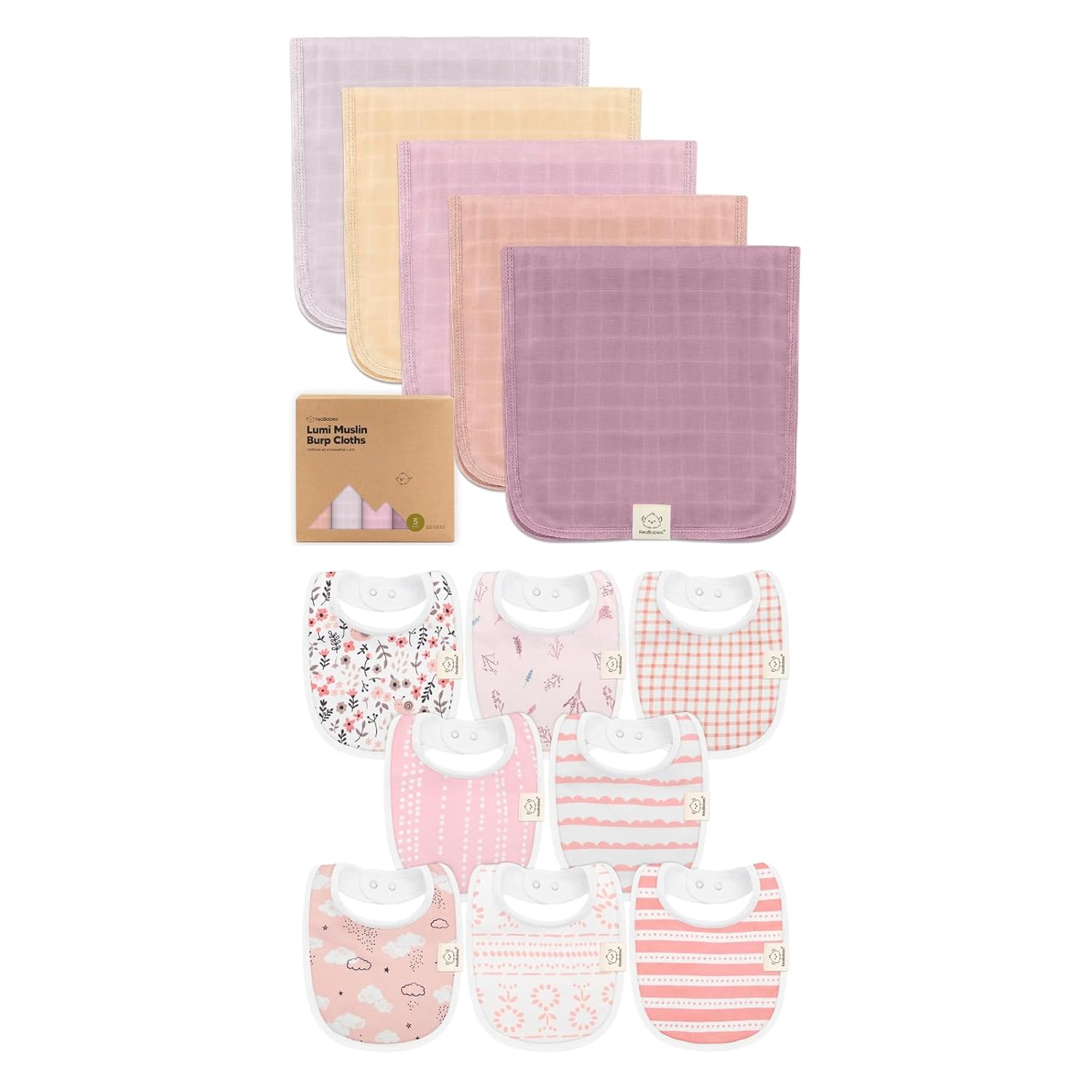 KeaBabies 5-Pack Muslin Burp Cloths for Baby Boys, Girls and 8-Pack Baby Bibs for Girls & Boys - Baby Burp Cloths, Burp Clothes - Teething Baby Bibs for Boy, Girl