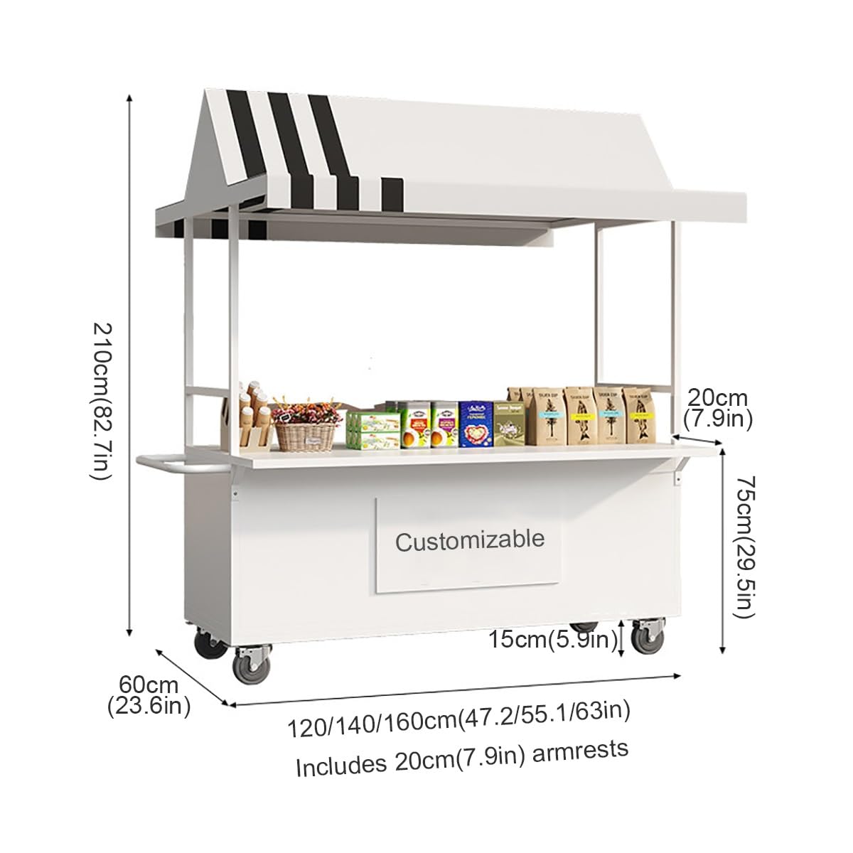 Carrito de Venta Ambulante con Ruedas Giratorias de 360°, Puesto Portátil | Puesto de Mercado Carro de Venta con Toldo, Carro Expositor para Mercados, Eventos y Exposiciones(White,140cm)