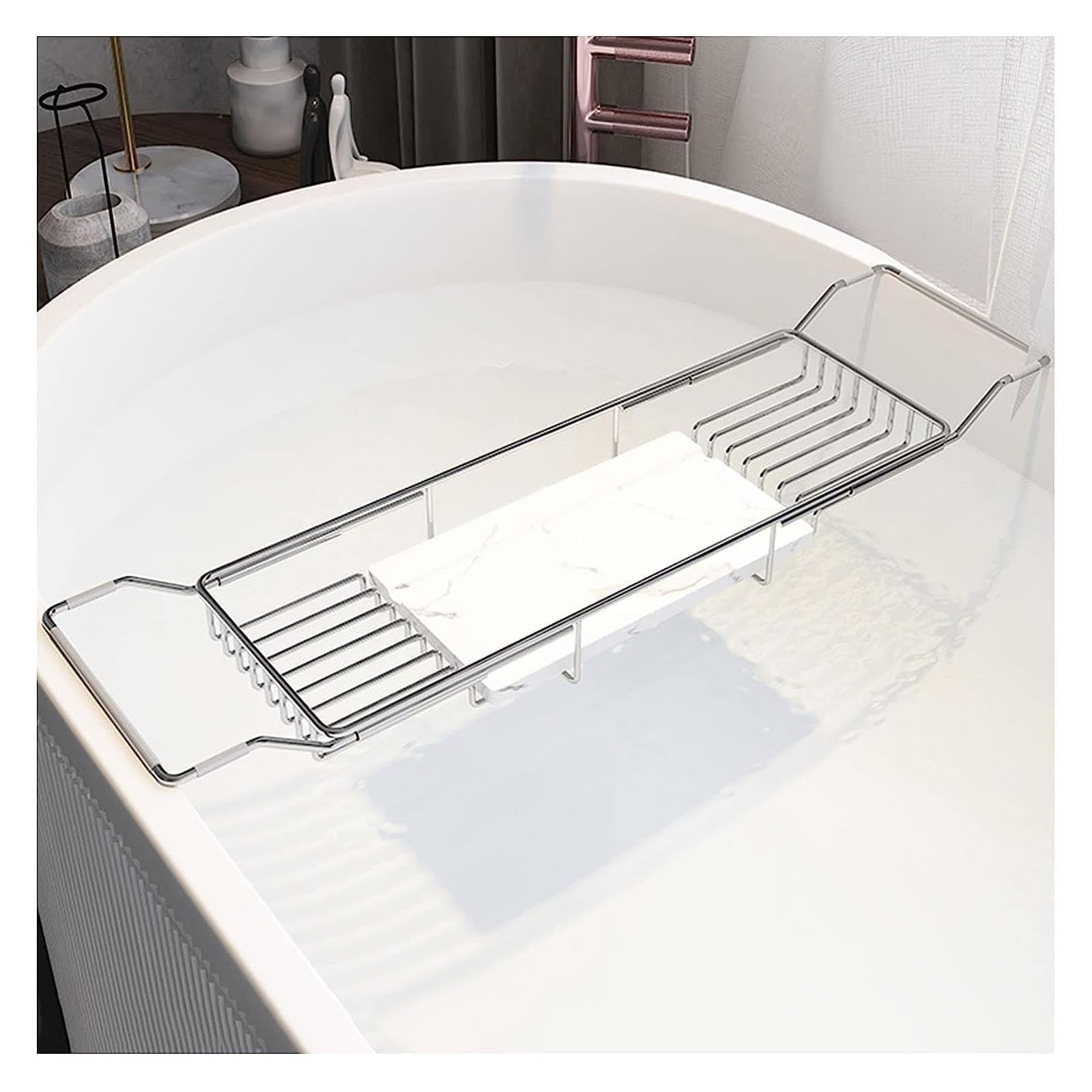 JKJZSALJ Metal Marble Bathtub Rack, Bathtub Caddy Tray Stainless Steel Shower Caddy Tray With Extending Sides, Bathroom Trays, For Hotel Spa Shower Stall-Gold-B,White-B