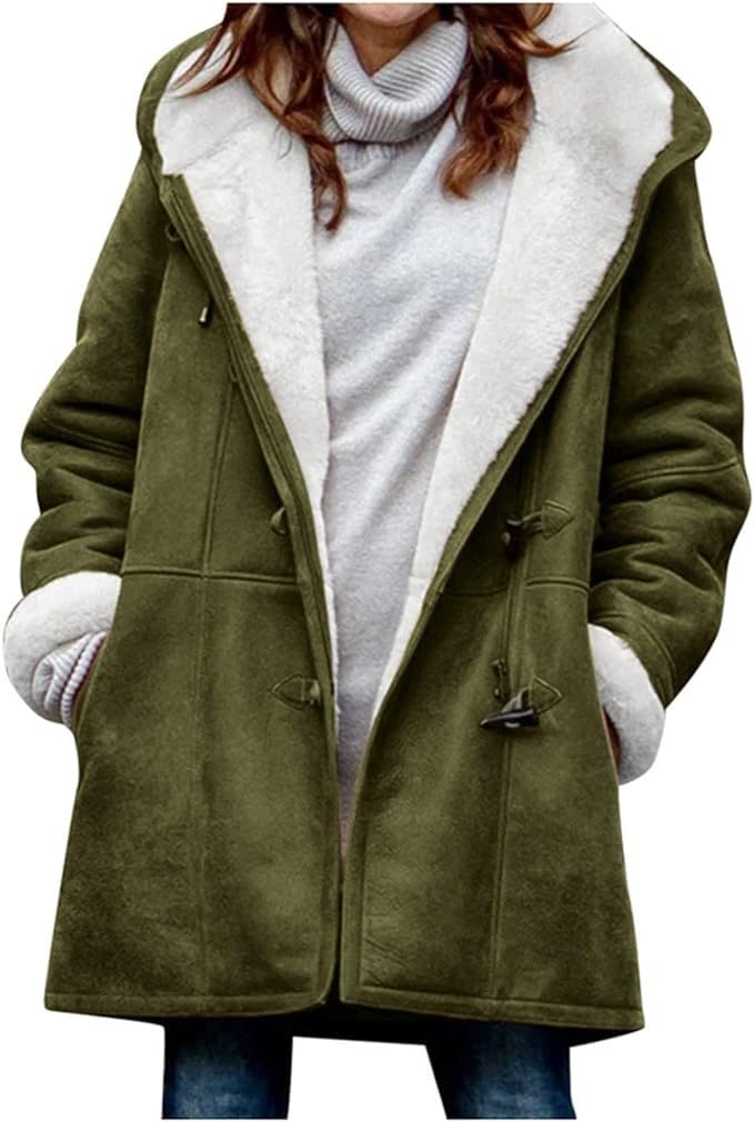 Sohodoo Plus Size Winter Coats for Women Faux Suede Jacket Sherpa Lined Overcoat Fuzzy Warm Parkas Fleece Hooded Outwear(C,M)