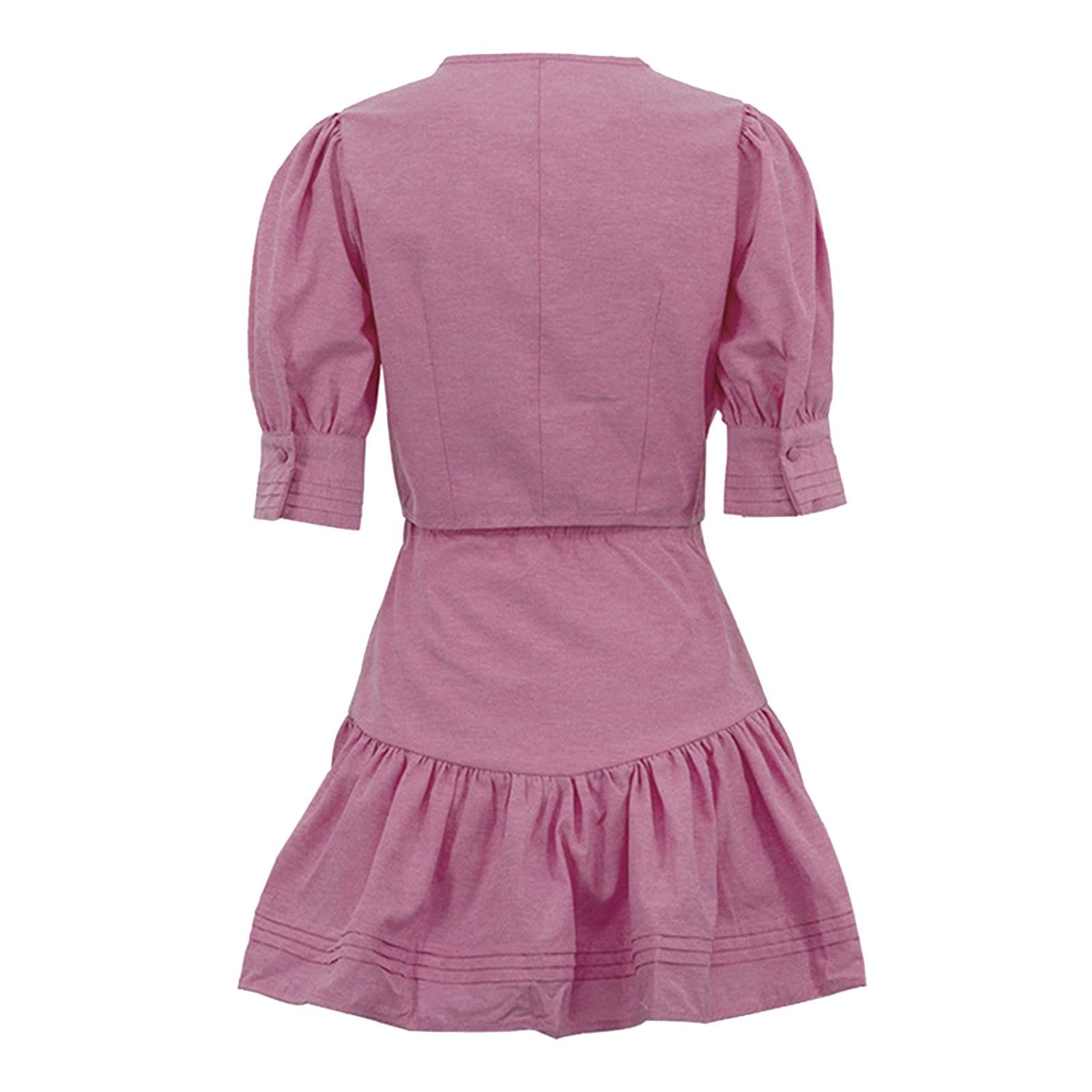 Generisch Completo da donna in due pezzi con giacca corta e gonna a pieghe, motivo floreale celeste, maniche a sbuffo, vestibilità aderente per occasioni eleganti