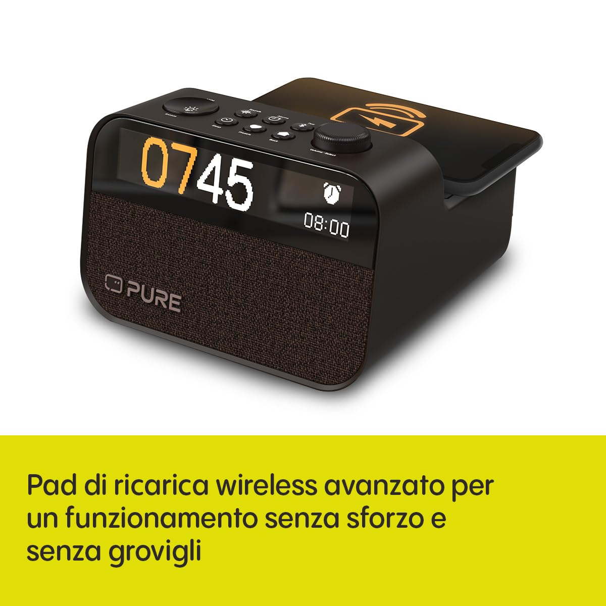 Pure Moment Charge – Radiosveglia con Wireless, DAB+/FM, Bluetooth, suoni naturali, Wake-up Light, Nero – Perfetto per camera da letto e ufficio