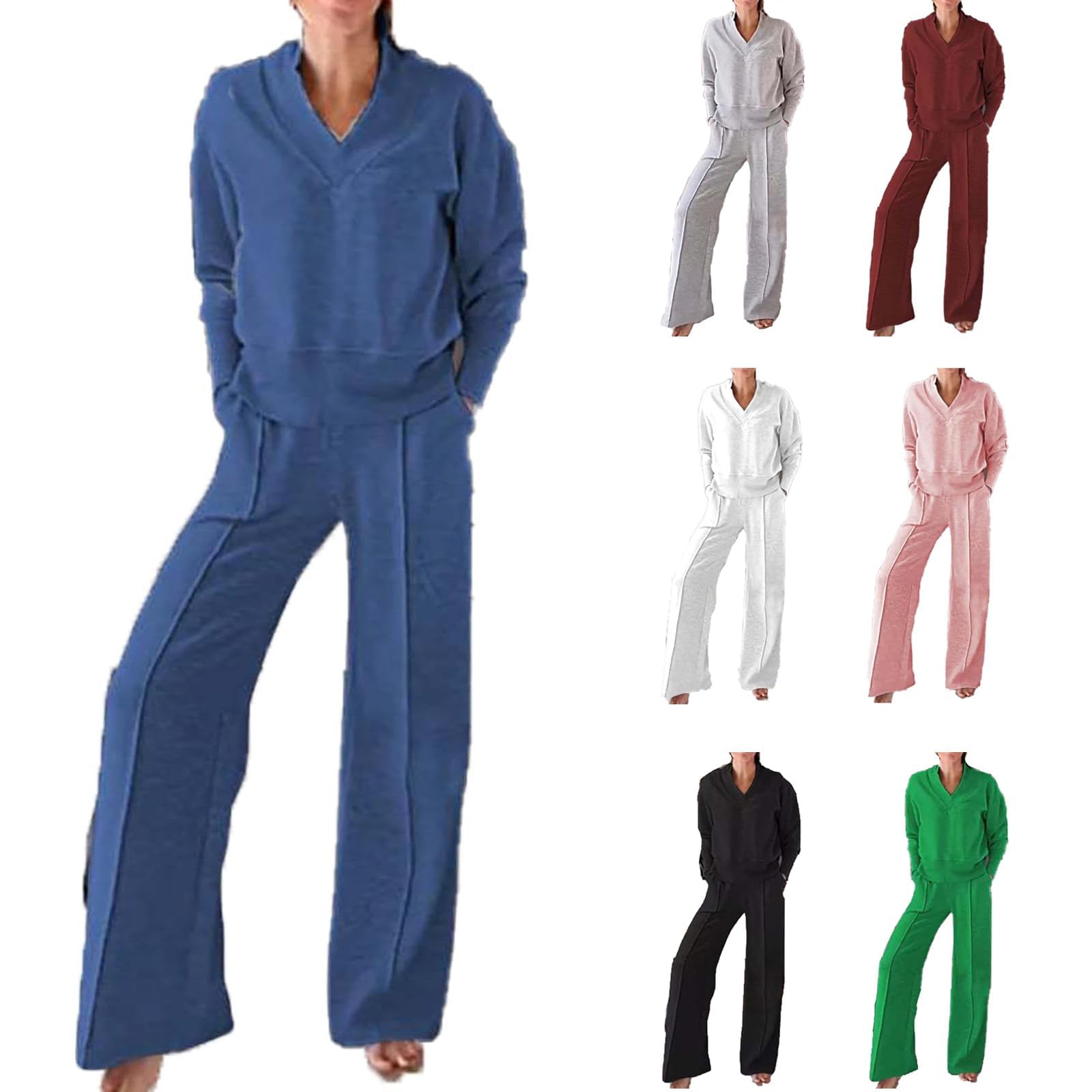 Conjunto de Dos Piezas de Top y pantalón con Escote en V de Color Liso para Mujer, Conjuntos Casuales de Mujer con Pantalones Largos de Pierna Ancha, Conjunto de salón de otoño (L,Blue)