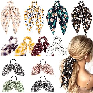 WATINC Random 12Pcs Chiffon Bowknot Hair Scrunchy Vintage Floral Scarf Hair Ties Ponytail Holder with Polka Dot Hair Accessories Ropes for Women