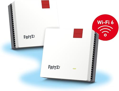 Fritz! Mesh Set 1600 Set of 2 (2 x Fritz!Repeater, Ideal for Internet Router or Fibre Optic Modem (ONT), WLAN Coverage for 3-5 Rooms, Wi-Fi 6 with up to 3,000 Mbps, German Version - 2
