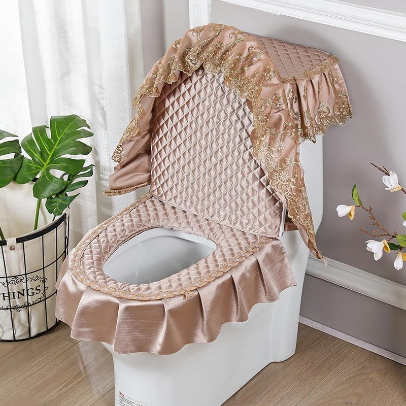 Toilet Lid Cover Set,3pcs/Set Champagne Lace Embroidery Flowers Toilet Lid Cover Set Toilet Lid & Tank Covers Toilet Seat Cushion Pads Toilet Seat Warm Pad(Champagne)(Groen)