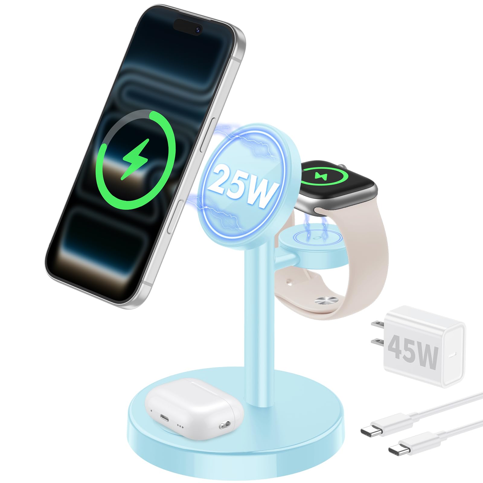 Aeinidi 25W 3 in 1 Wireless Fast Charging Station for Apple MagSafe Charger