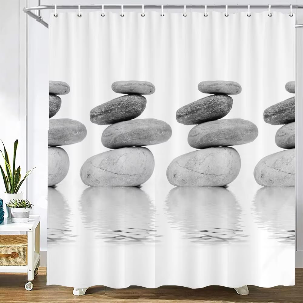 Rideau de douche en tissu galets gris pour une salle de bain moderne